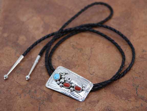 Navajo Silver Turquoise Coral Bolo Tie