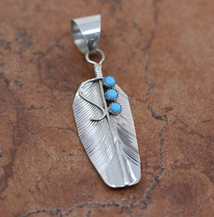 Navajo Silver Turquoise Feather Pendant