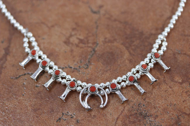 Navajo Coral Squash Blossom Choker Necklace