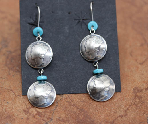 Navajo Silver Turquoise Coin Earrings