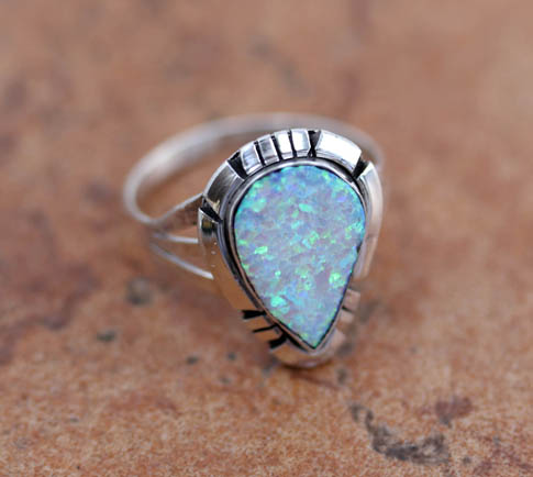 Navajo Silver Created Opal Ring Size 6