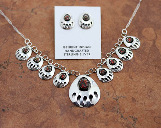 Navajo Created Opal Bear Paw Necklace Earrings Set