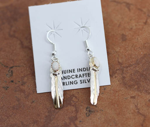 Navajo Silver Created Opal Feather Earrings