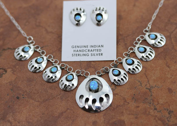 Navajo Created Opal Bear Paw Necklace Earrings Set