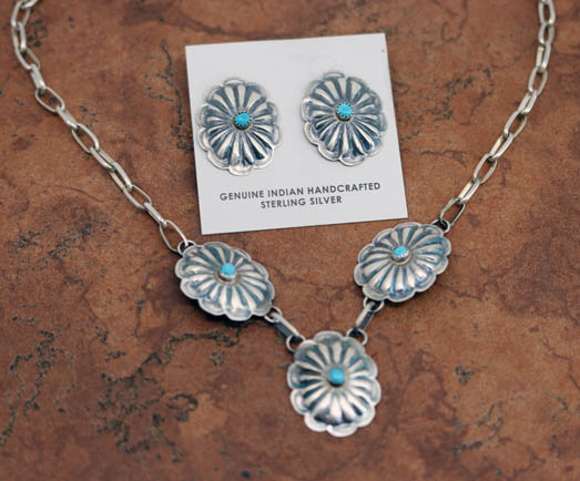 Navajo Silver Concho Necklace Earrings Set