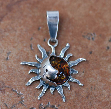 Sterling Silver Baltic Amber Sun Moon Pendant