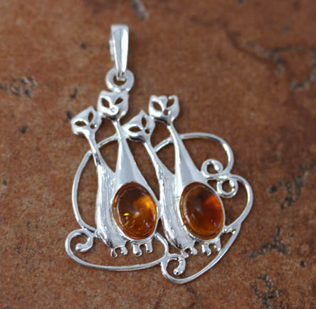 Sterling Silver Baltic Amber Cat Family Pendant