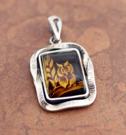 Sterling Baltic Amber Cameo Owl Pendant