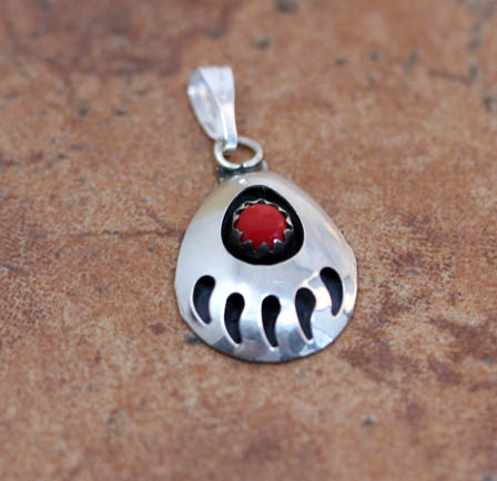 Navajo Silver Coral Bear Paw Pendant