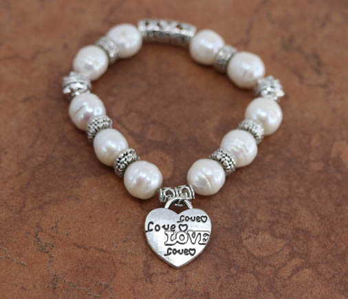 Beaded Freshwater Pearl Heart Stretch Bracelet