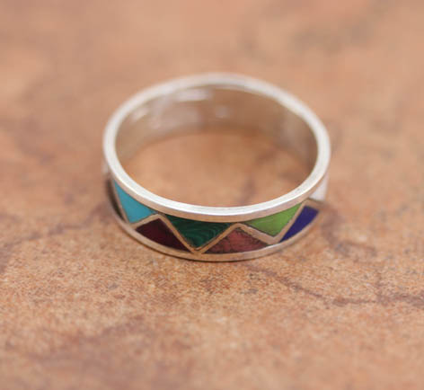 Navajo Silver Multi_Stone Wedding Ring Size 8