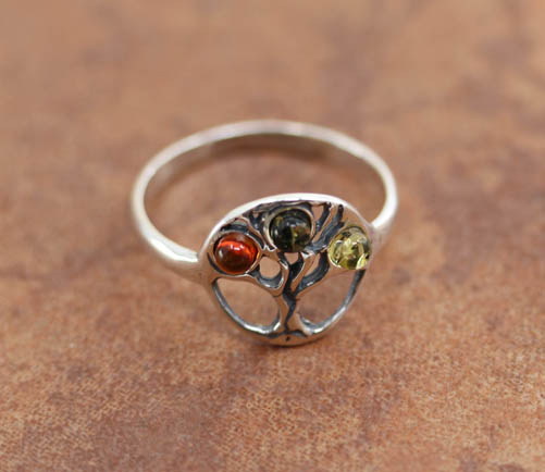 Sterling Silver Baltic Amber Tree Ring Size 7