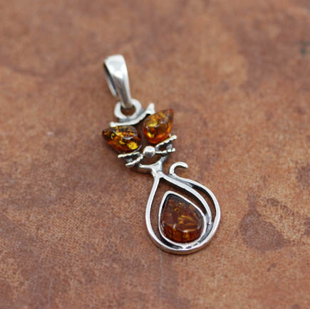 Sterling Silver Baltic Amber Cat Pendant