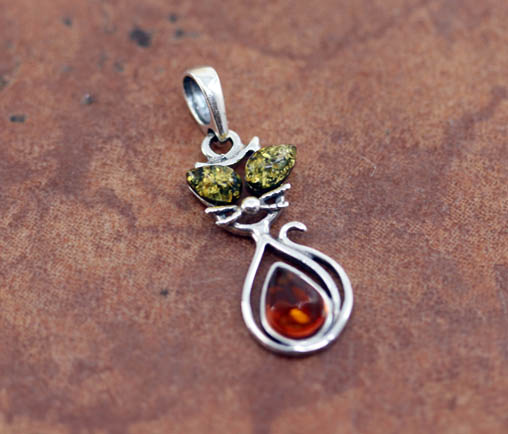 Sterling Silver Baltic Amber Cat Pendant