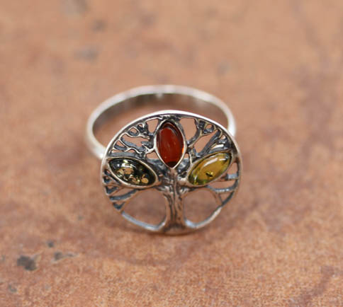 Sterling Silver Baltic Amber Tree Ring Size 7