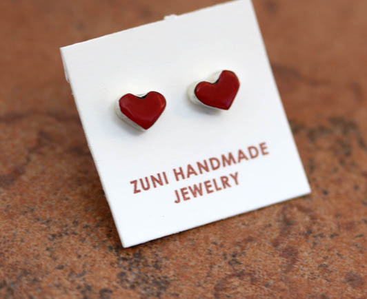 Zuni Silver Coral Heart Earrings