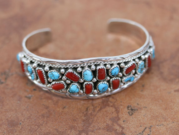 Navajo Silver Turquoise Coral Bracelet