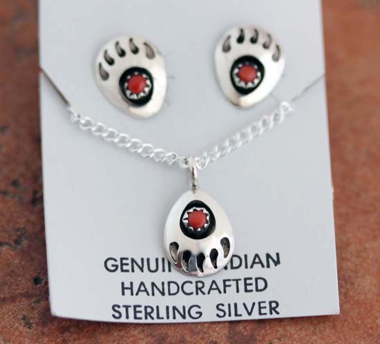 Navajo Coral Bear Paw Necklace Earrings Set
