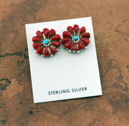 Navajo Silver Turquoise Coral Cluster Earrings