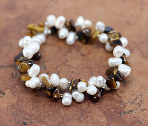 Beaded Tiger Eye Pearl Stretch Nugget Bracelet