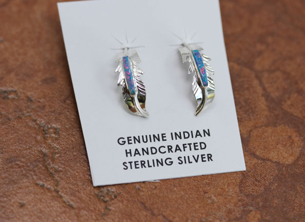 Navajo Silver Feather Created Opal Earrings