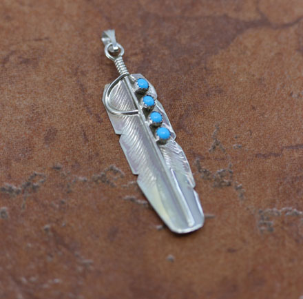 Navajo Silver Turquoise Feather Pendant