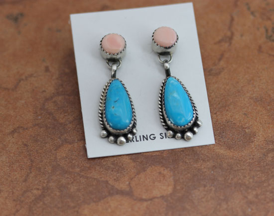 Navajo Silver Pink Quartz Turquoise Earrings