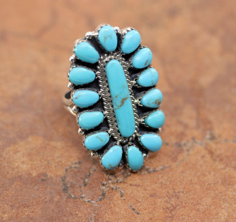 Navajo Silver Turquoise Cluster Ring Size 8
