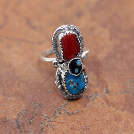Zuni Silver Turquoise Coral Ring Size 8