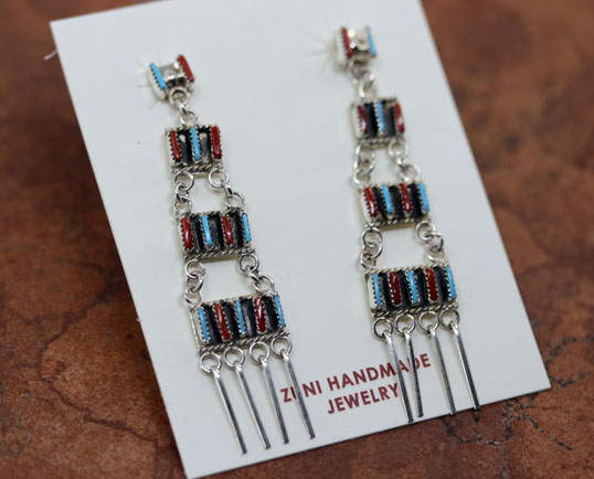 Zuni Silver Turquoise Coral Earrings