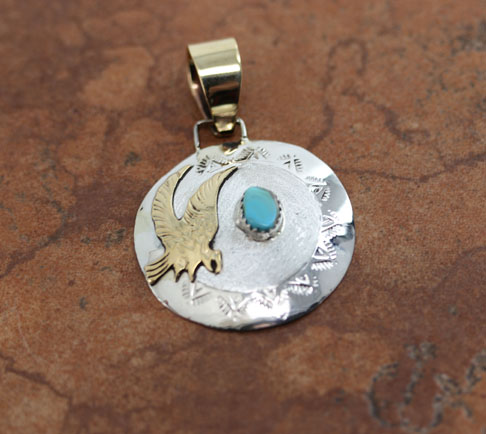 Navajo Silver Gold Turquoise Eagle Pendant