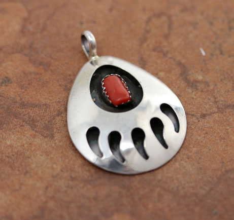 Navajo Silver Coral Bear Paw Pendant
