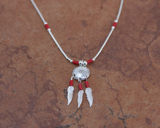 Silver Beaded Concho Feather Necklace
