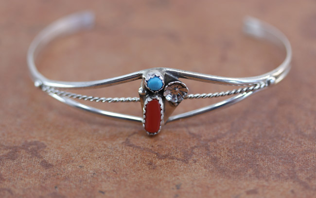 Navajo Silver Coral Turquoise Bracelet