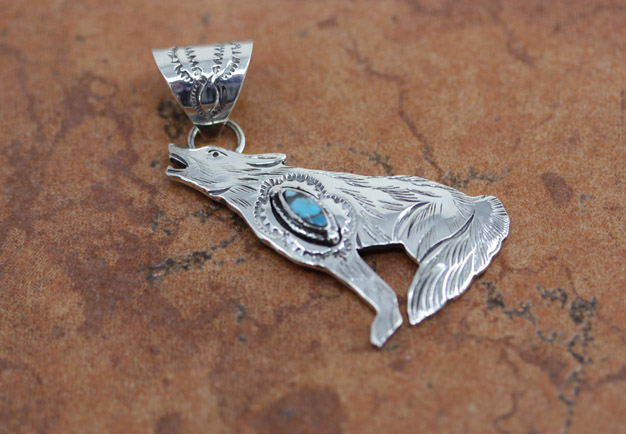 Navajo Silver Turquoise Wolf Pendant