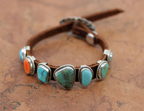 Navajo Silver Leather Turquoise Buckle Bracelet