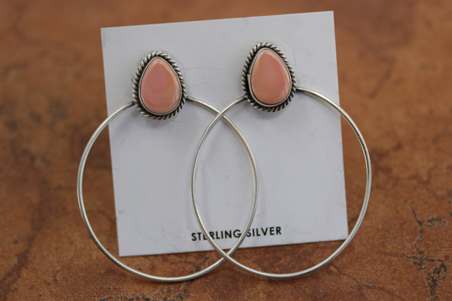 Navajo Silver Pink Cotton Candy Quartz Hoop Earrings