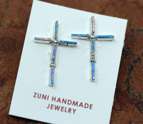 Zuni Silver Created Opal Cross Earrings