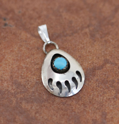 Navajo Silver Turquoise Bear Paw Pendant