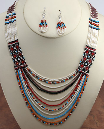 14 Strand Beaded Necklace Earrings Set