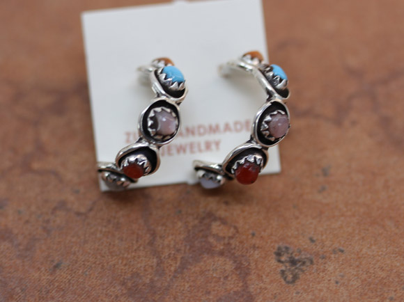 Zuni Silver Multi_Stone Hoop Earrings