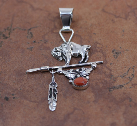 Navajo Sterling Silver Spiny Oyster Buffalo Pendant