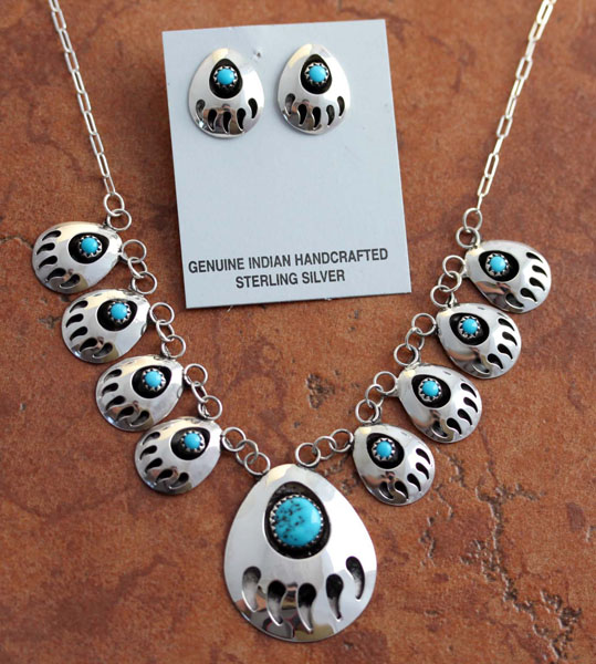 Navajo Turquoise Bear Paw Necklace and Earrings Set