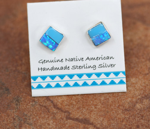 Zuni Silver Turquoise Created Opal Earrings