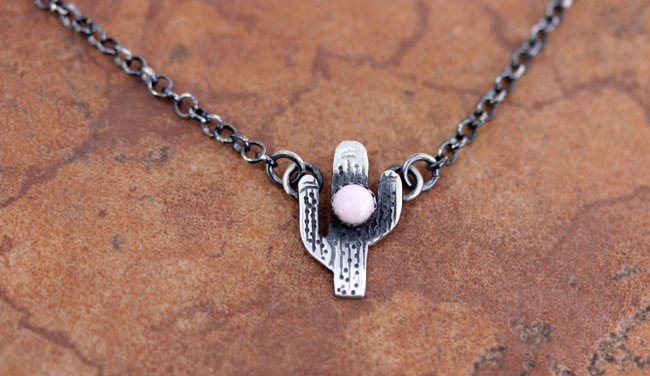 Navajo Silver Pink Quartz Cactus Necklace