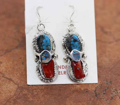 Zuni Silver Turquoise Coral Earrings by E Calavaza