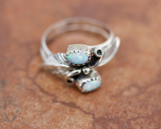 Navajo Silver Created Opal Ring Size 6