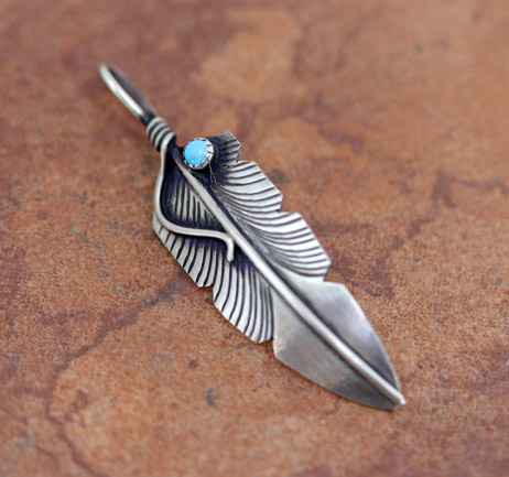 Navajo Silver Turquoise Feather Pendant