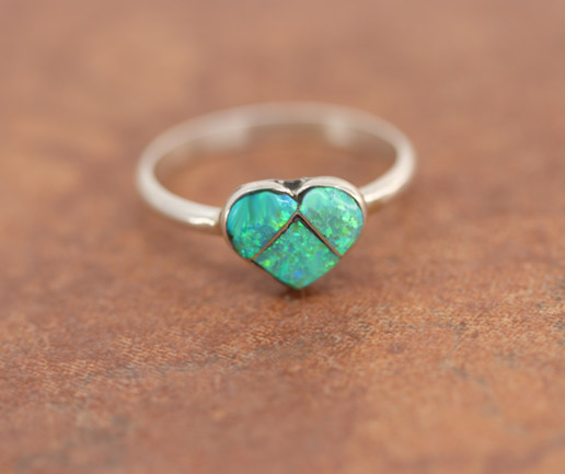 Zuni Silver Created Opal Heart Ring Size 7 1/2