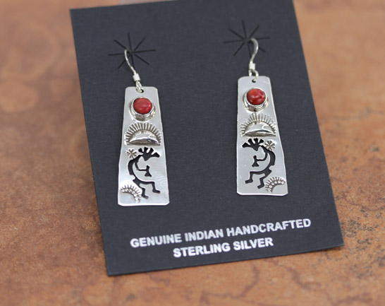 Navajo Silver Coral Kokopelli Earrings